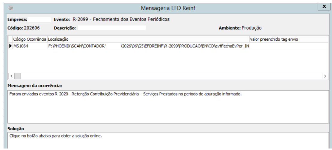 Mensagem de ocorrencia MS1064 na EFD-Reinf