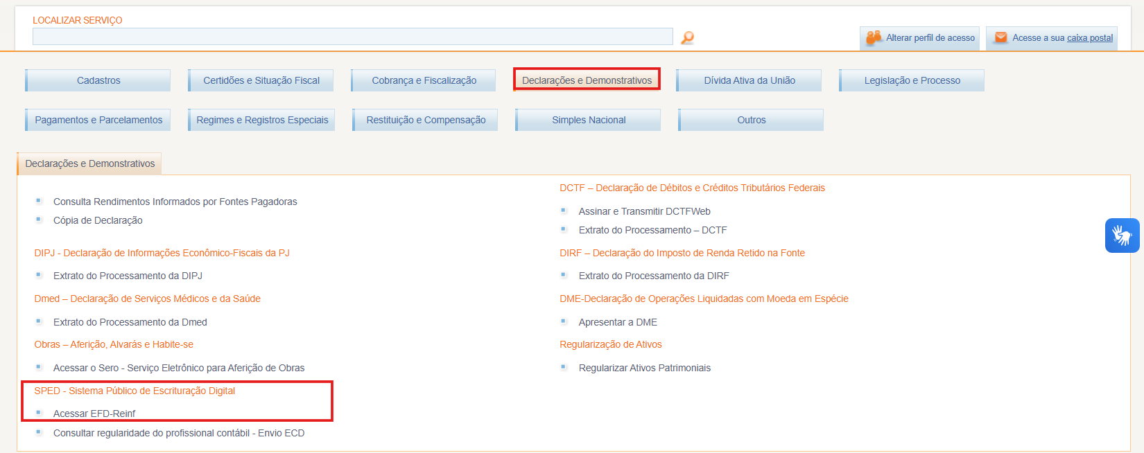 Caminho de acesso a EFD-Reinf no portal e-CAC