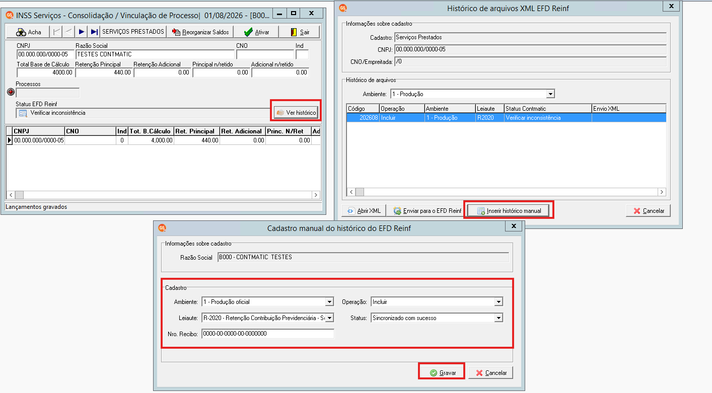 Preenchimento do historico manual com o recibo da EFD-Reinf