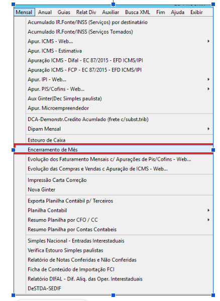 Acesso ao encerramento de mes no menu mensal do G5