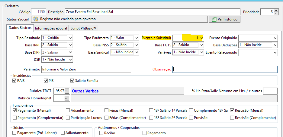 Tela de Alteração de Evento Usuário destacando a aba Dados Básicos e o campo Evento a Substituir.