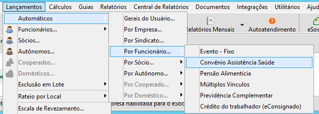 Tela de Convênios Assistência à Saúde em Lançamentos Automáticos por Funcionários.