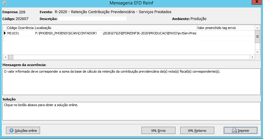 Mensagem de rejeição MS1031 na EFD-Reinf