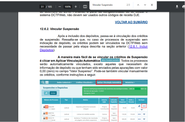 Tela da DCTFWeb demonstrando a vinculação de suspensão