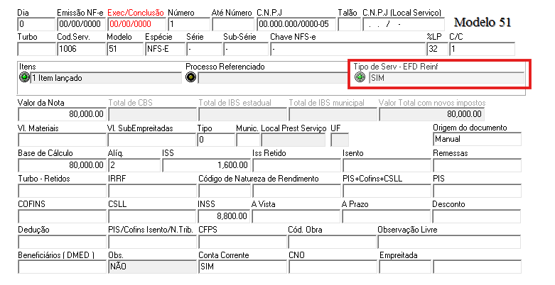 Tela Tipo de Serviço EFD-Reinf