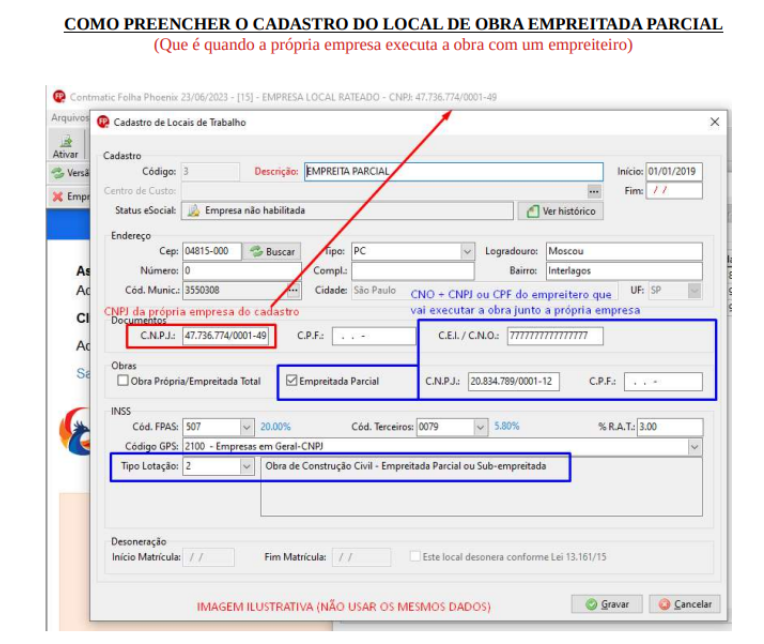 Cadastro de obra com empreitada parcial no Folha Phoenix