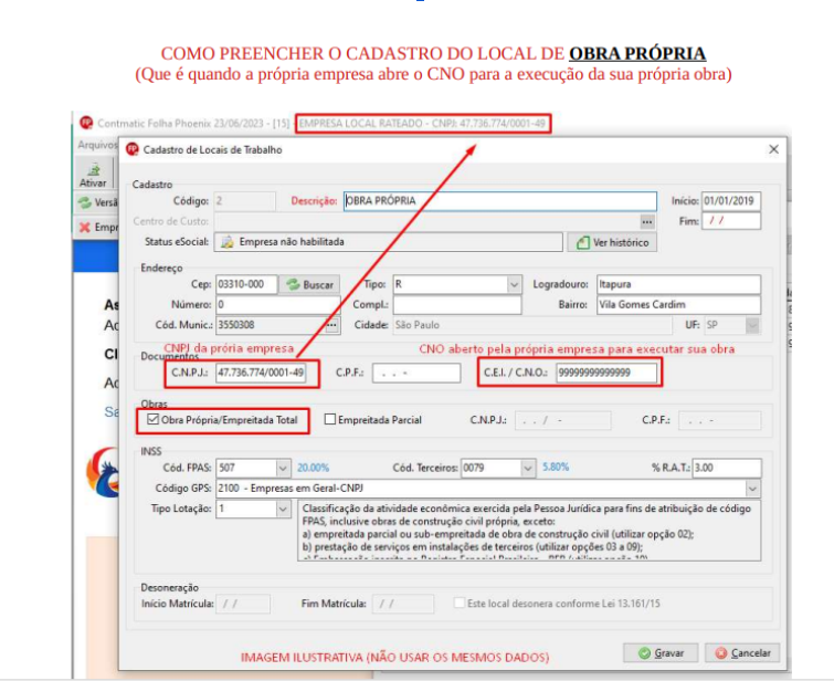 Cadastro de obra com empreitada total no Folha Phoenix