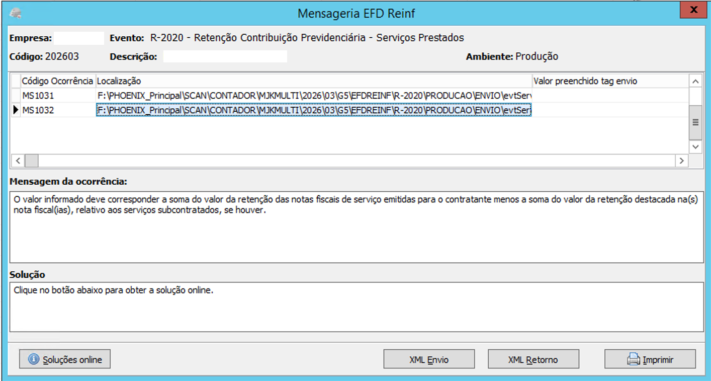 Mensagem de ocorrência MS1032 na EFD-Reinf