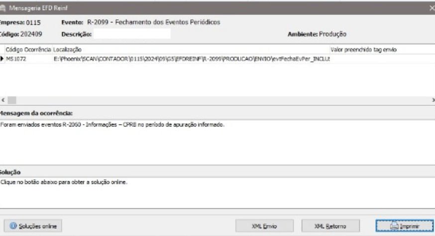 Tela com mensagem de ocorrência MS1072 na EFD-Reinf