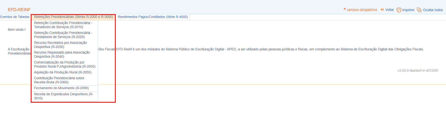 Menu do evento R-2060 no e-CAC
