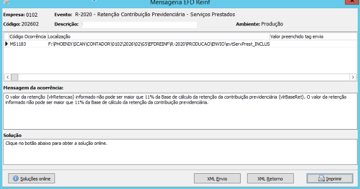 Mensagem de erro MS1183 no sistema