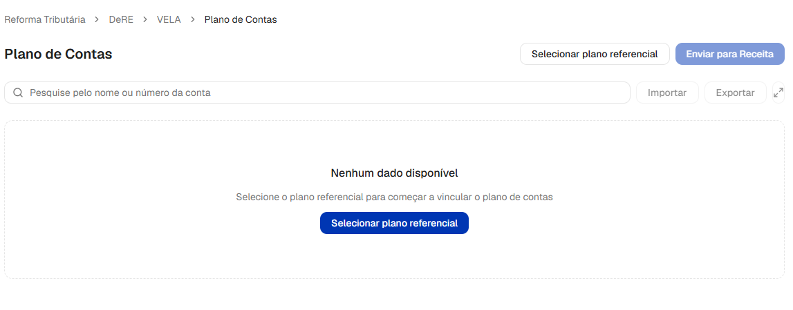 Tela Plano de Contas antes da definição do plano referencial
