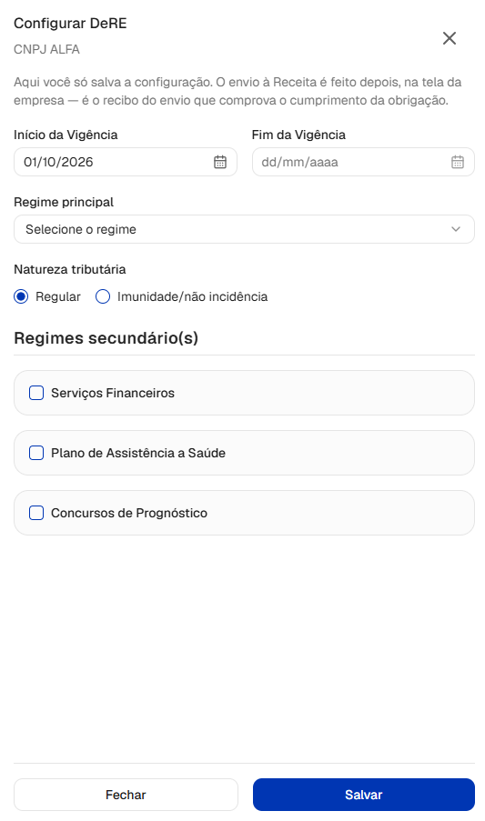 Painel lateral de configuração inicial do bloco D-1001