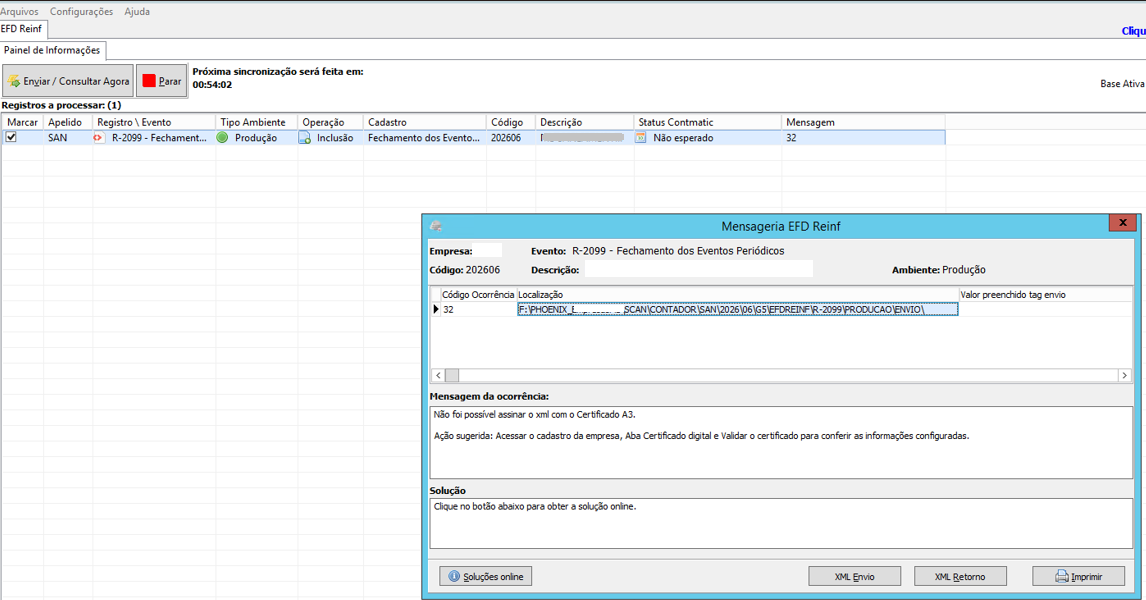 Mensagem de ocorrência Não foi possível assinar o XML com o Certificado A3