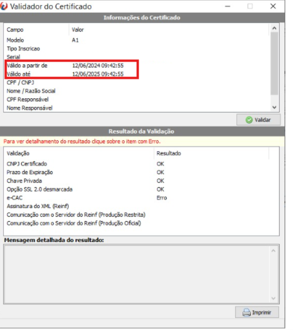 Resultado da validação do certificado digital no G5
