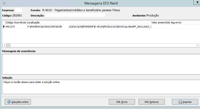 Mensagem de ocorrência MS1273
