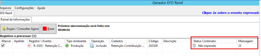 Retorno do evento R-2099 com status Não esperado e código 23
