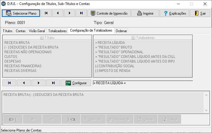 Configuração de fórmulas e operadores para Totalizadores