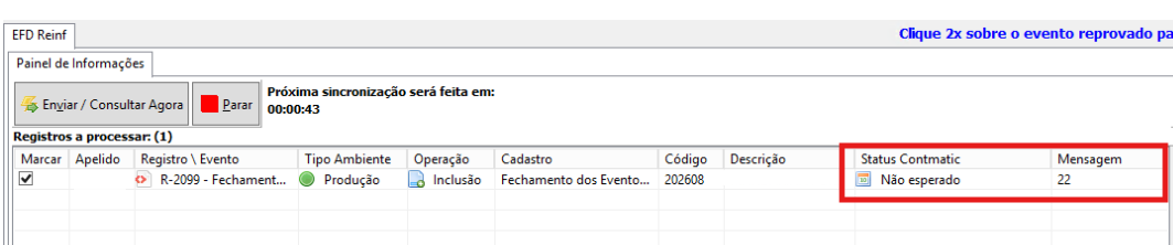 Mensagem de retorno do evento R-2099 reprovado