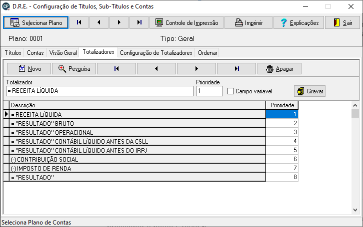 Configuração de Totalizador com campo variável e chave RESULTADO