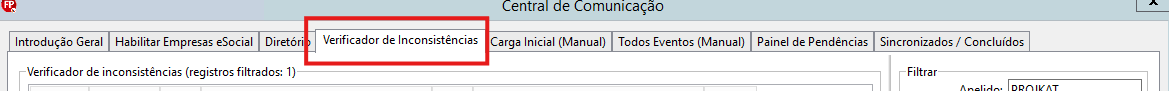 Aba Verificador de Inconsistências na Central de Comunicação