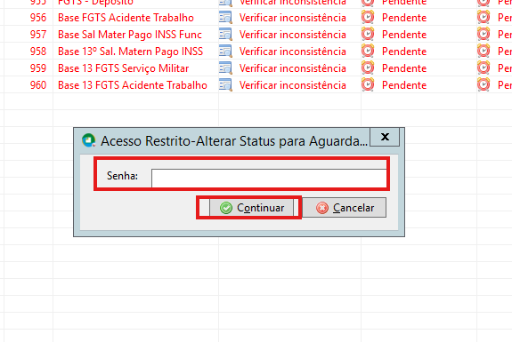 Tela para alteração de status com digitação da senha 1987