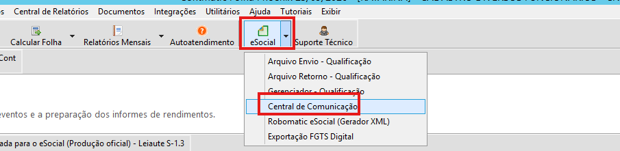Menu eSocial e opção Central de Comunicação