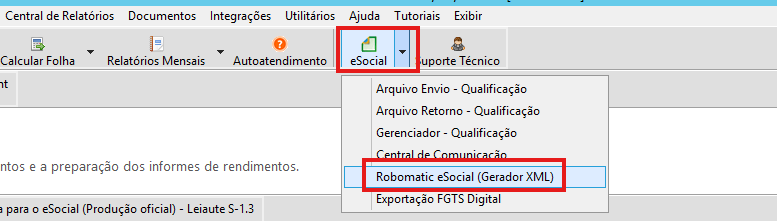 Menu eSocial e acesso ao Robomatic eSocial Gerador XML