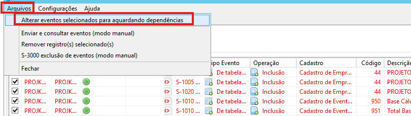 Robomatic menu Arquivos e opção Alterar eventos selecionados