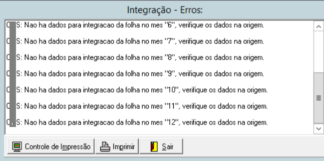 Mensagem informando que não há dados para integração da folha no mês