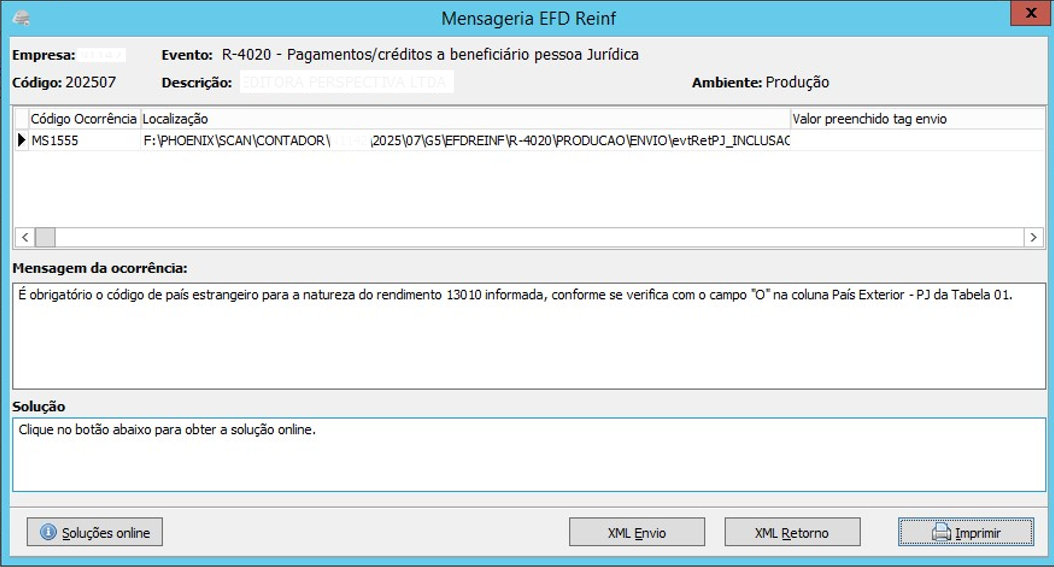 Mensagem de ocorrência MS1555 na EFD-Reinf
