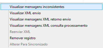Opção Visualizar mensagem de inconsistência pelo botão direito