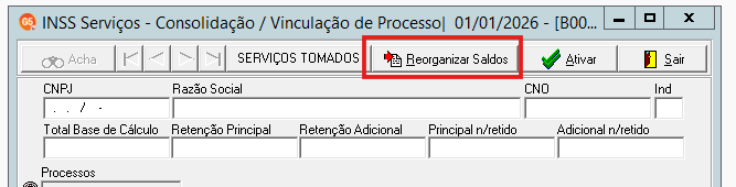 Botão Reorganizar Saldos na barra de ferramentas