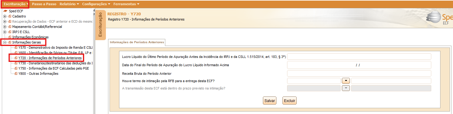Navegação até o Registro Y720 nas Informações Gerais da ECF