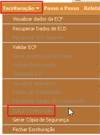 Menu Escrituração destacando Editar Escrituração no PVA da ECF