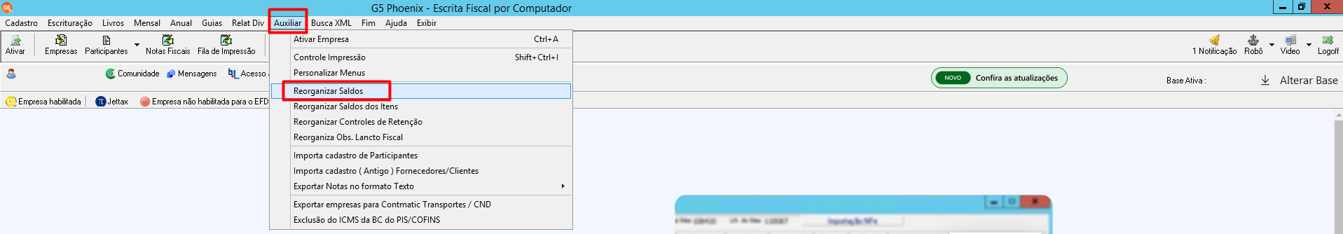 Tela inicial sistema G5, possui menu superior alinhado à esquerda sendo Auxiliar o oitavo item.