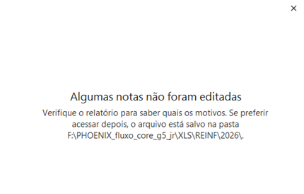 Aviso 'Algumas notas não foram editadas' com a indicação do caminho do diretório do relatório.