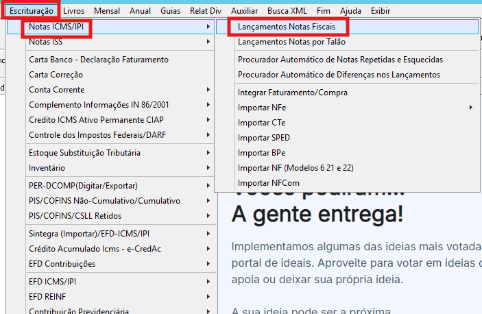 Menu Escrituração