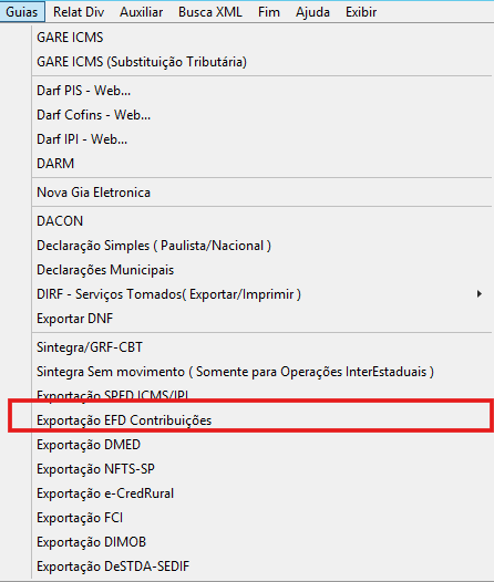 Menu Guias opção Exportação EFD no G5