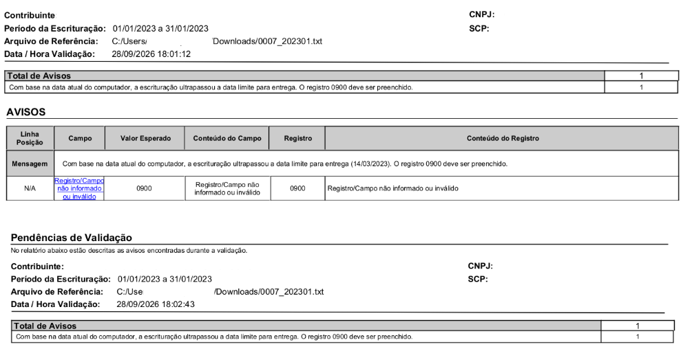 Aviso de validação do registro 0900 na EFD-Contribuições