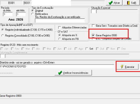 Opção Gerar Registro 0900 selecionada e botão Executar no G5