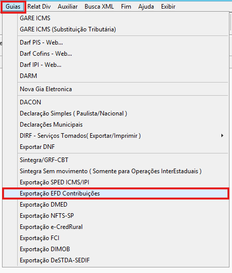 Menu de exportação EFD Contribuições