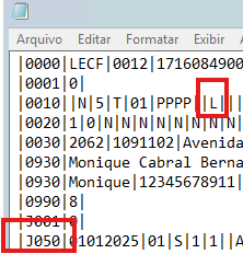 Exemplo de arquivo TXT da ECF com registro 0010 preenchido com L e registro J050 presente