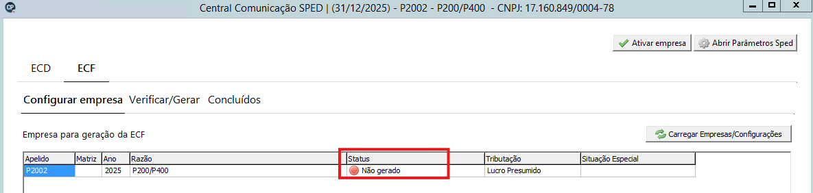 Status do arquivo ECF atualizado para Não Gerado