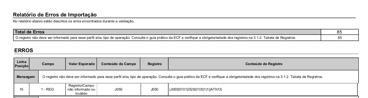 Mensagem de erro de validação do registro J050 na ECF