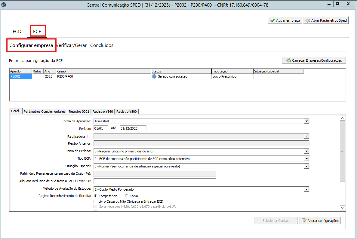 Caminho do menu Central do SPED para Configurar Empresas da ECF