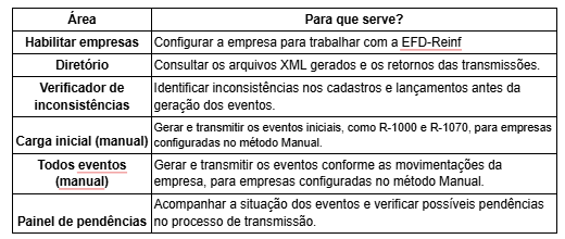 Tabela explicativa das áreas do sistema EFD-Reinf, detalhando a função de cada opção e aba do processo.