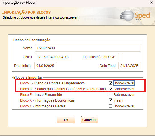 Opção de sobrescrever somente os blocos J e K na importação