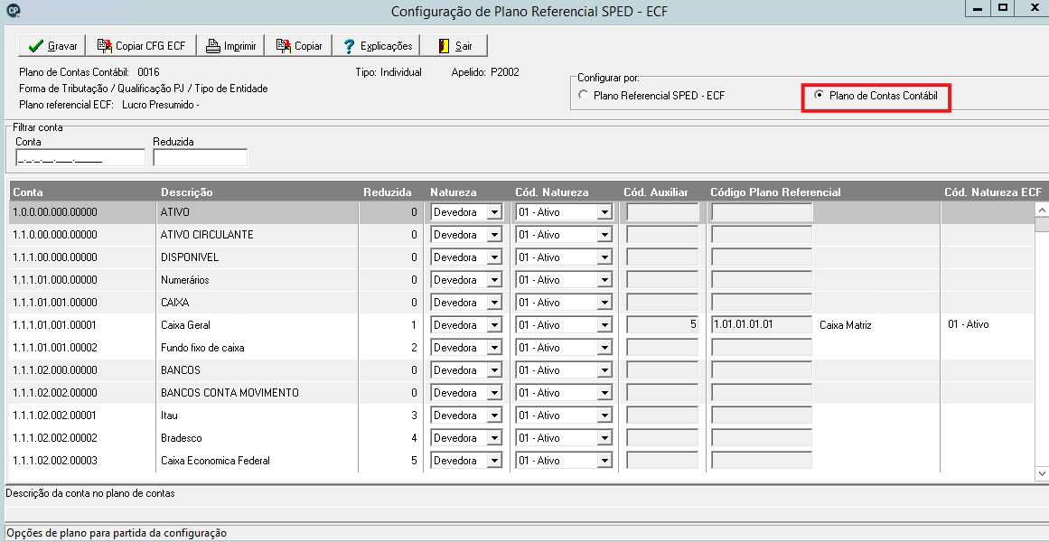 Filtrar por conta contábil no Plano Referencial ECF