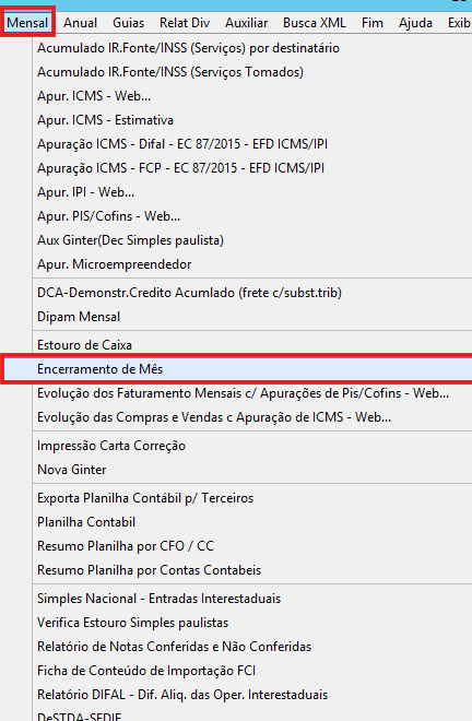 Menu Mensal e opção Encerramento de mês no G5